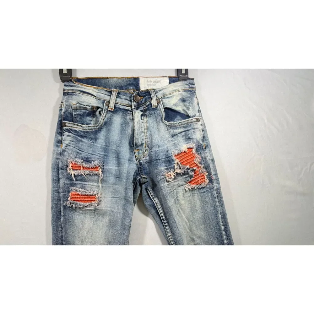 Evolution In Design Boys Jeans Size 14 Blue Used Distressed Orange Patch Ripped